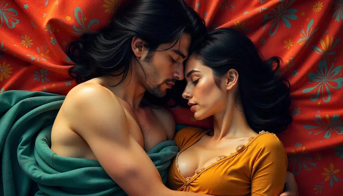 A couple lying close together, sharing an intimate moment, with their faces gently touching, surrounded by a colorful floral blanket.